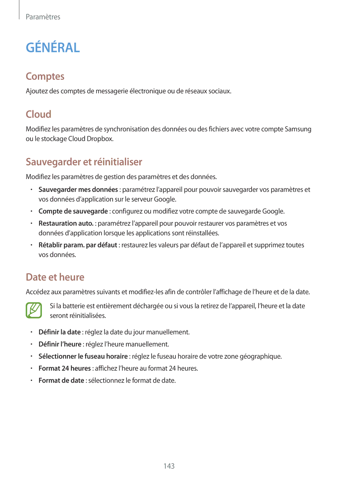 Samsung SM-P9000ZWAXEF, SM-P9000ZKAXEF manual Comptes, Cloud, Sauvegarder et réinitialiser, Date et heure 