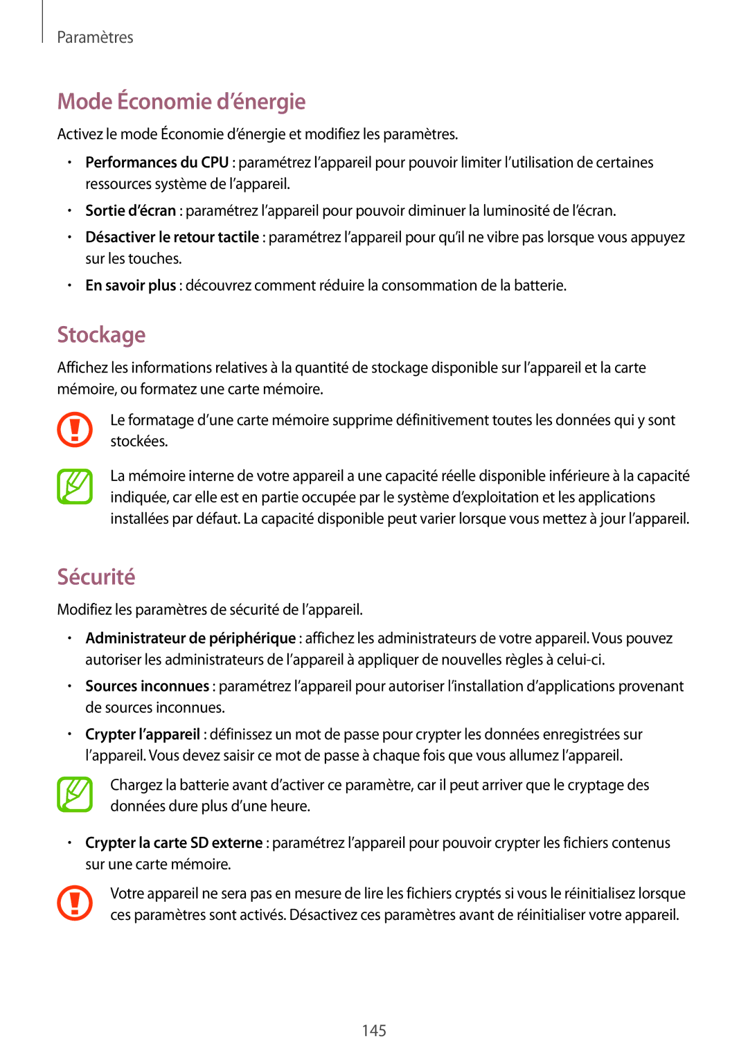 Samsung SM-P9000ZWAXEF, SM-P9000ZKAXEF manual Mode Économie d’énergie, Stockage, Sécurité 