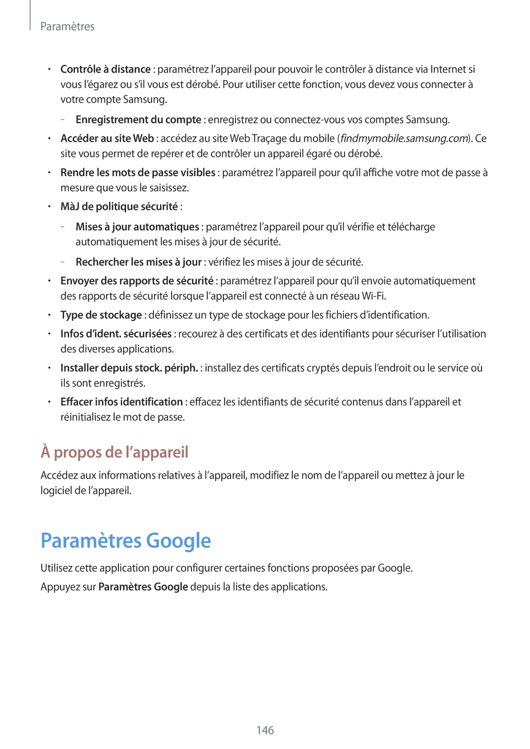 Samsung SM-P9000ZKAXEF, SM-P9000ZWAXEF manual Paramètres Google, Propos de l’appareil 