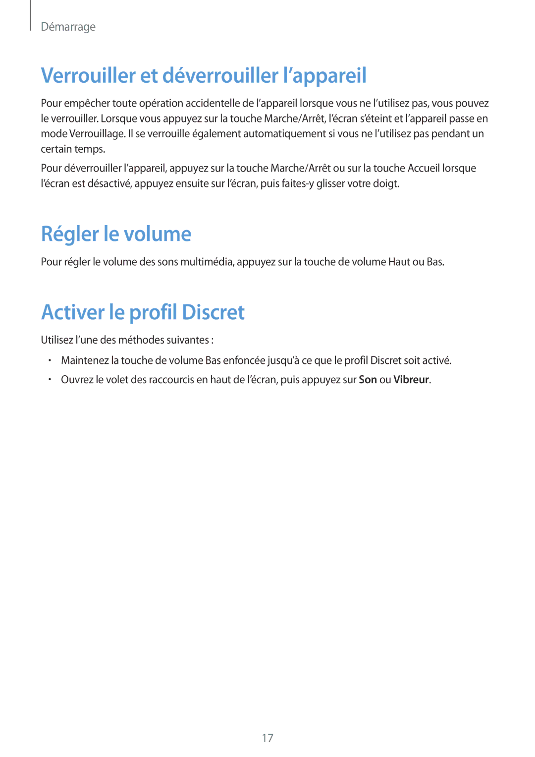 Samsung SM-P9000ZWAXEF manual Verrouiller et déverrouiller l’appareil, Régler le volume, Activer le profil Discret 