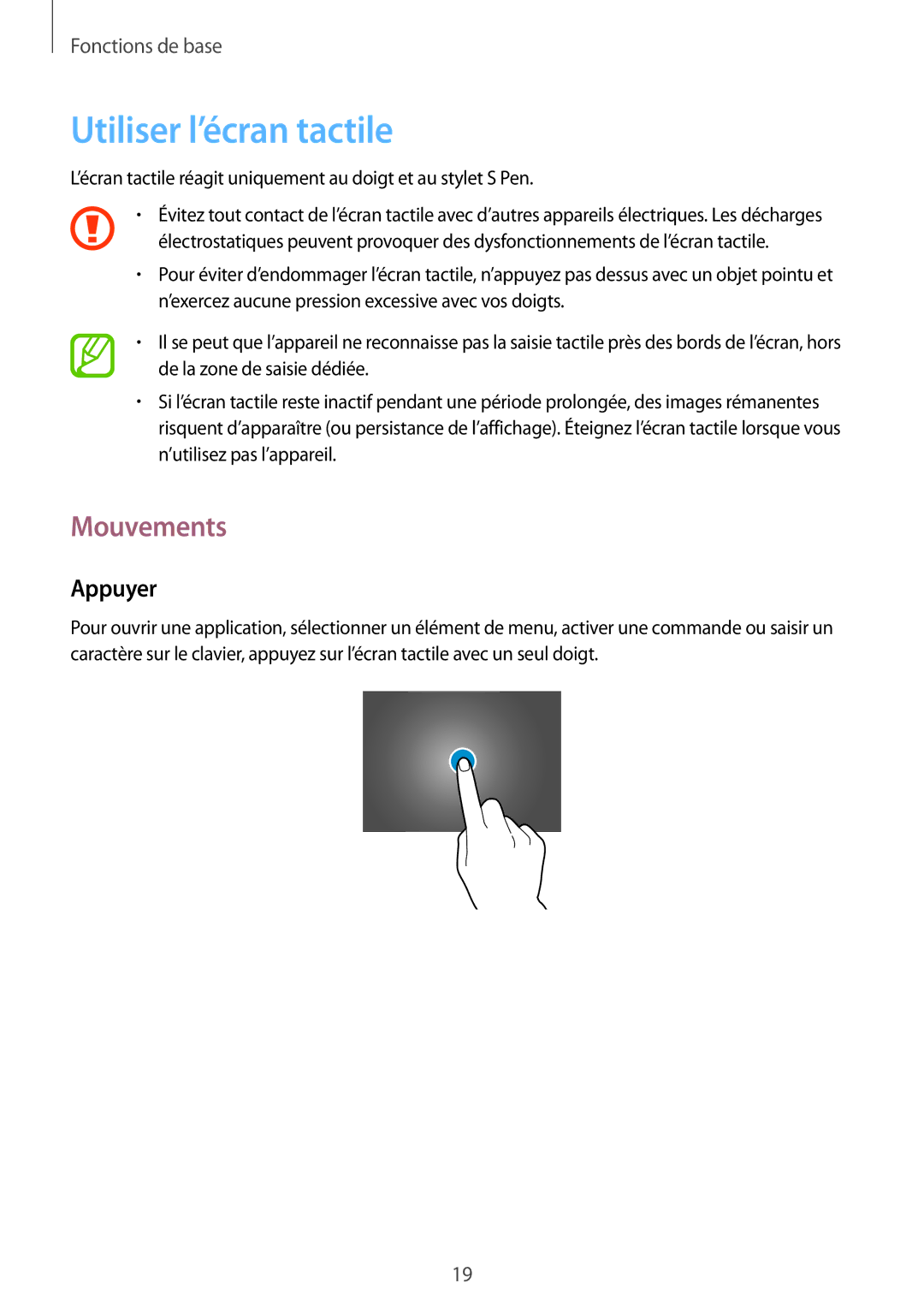 Samsung SM-P9000ZWAXEF, SM-P9000ZKAXEF manual Utiliser l’écran tactile, Mouvements, Appuyer 