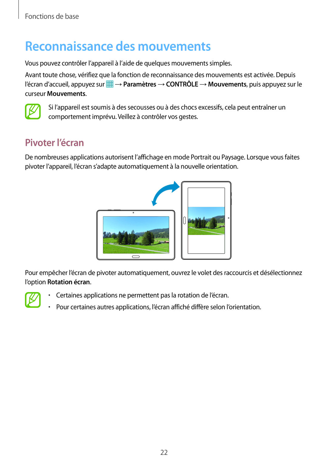 Samsung SM-P9000ZKAXEF, SM-P9000ZWAXEF manual Reconnaissance des mouvements, Pivoter l’écran 