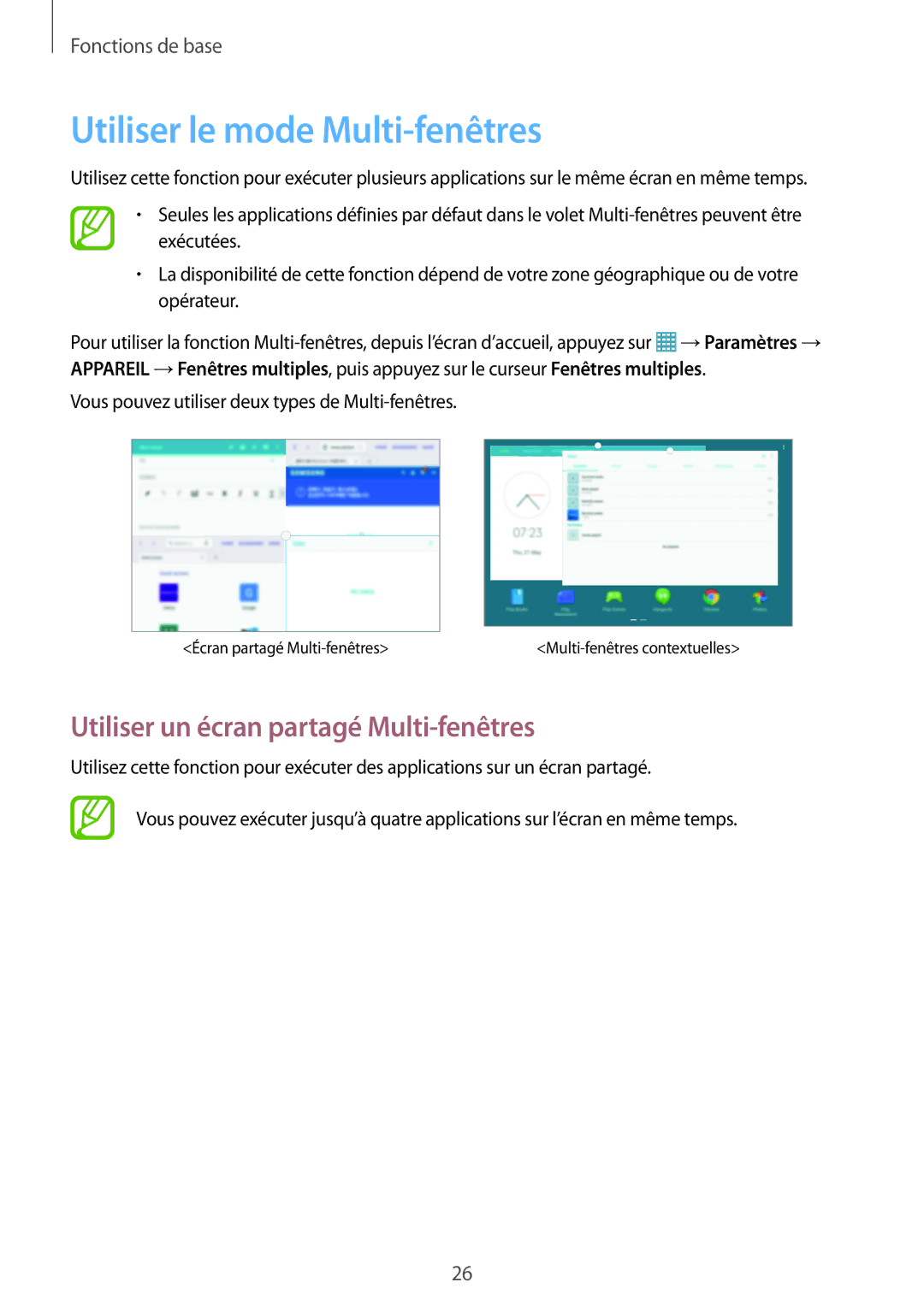 Samsung SM-P9000ZKAXEF, SM-P9000ZWAXEF manual Utiliser le mode Multi-fenêtres, Utiliser un écran partagé Multi-fenêtres 