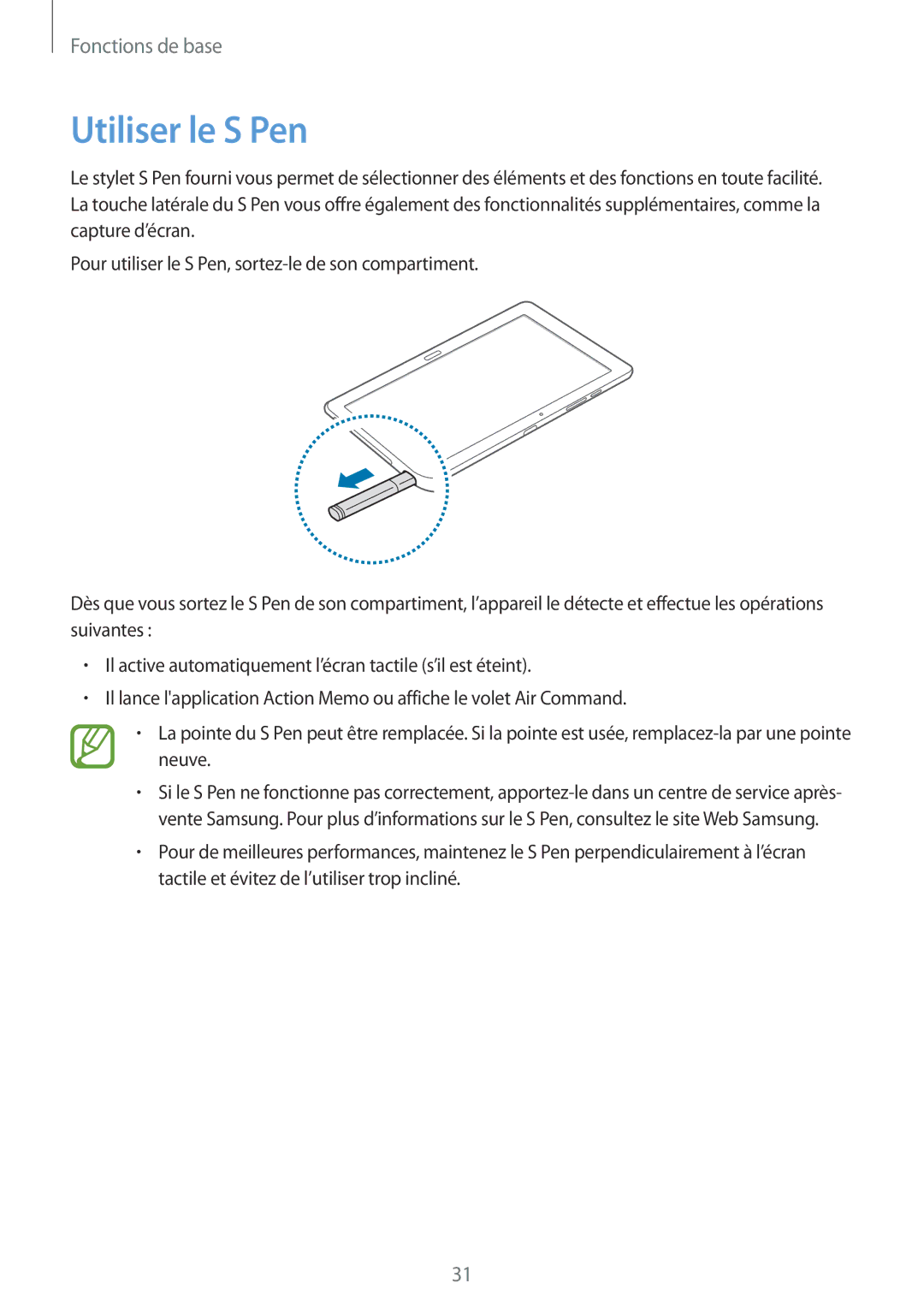 Samsung SM-P9000ZWAXEF, SM-P9000ZKAXEF manual Utiliser le S Pen 