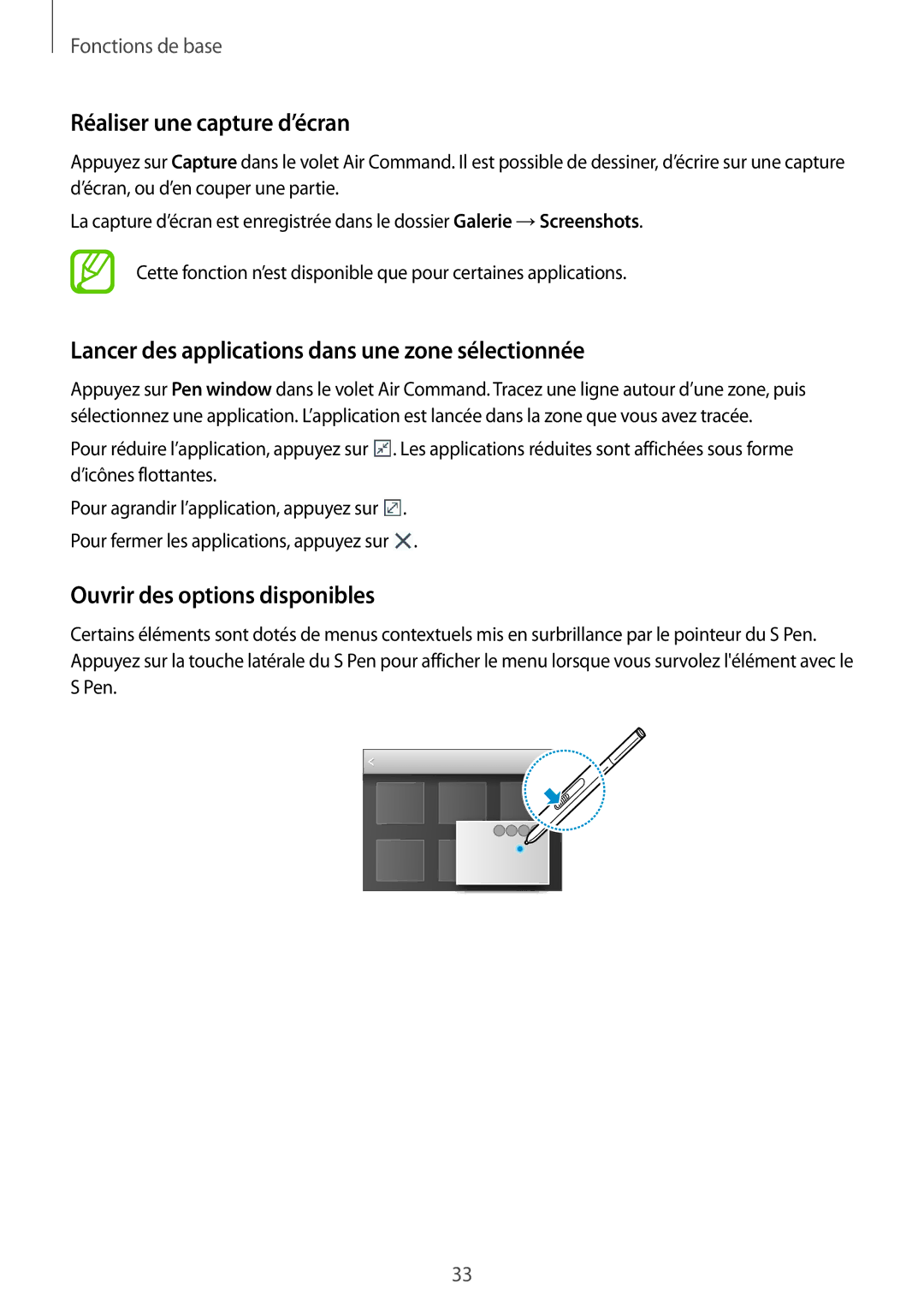 Samsung SM-P9000ZWAXEF, SM-P9000ZKAXEF Réaliser une capture d’écran, Lancer des applications dans une zone sélectionnée 