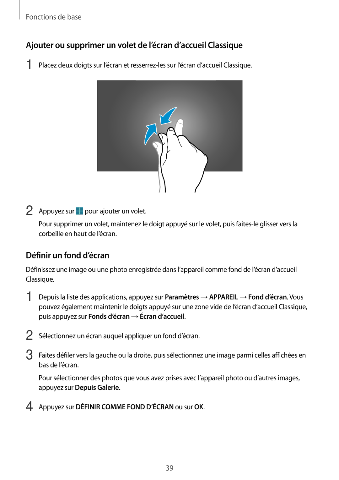 Samsung SM-P9000ZWAXEF manual Ajouter ou supprimer un volet de l’écran d’accueil Classique, Définir un fond d’écran 