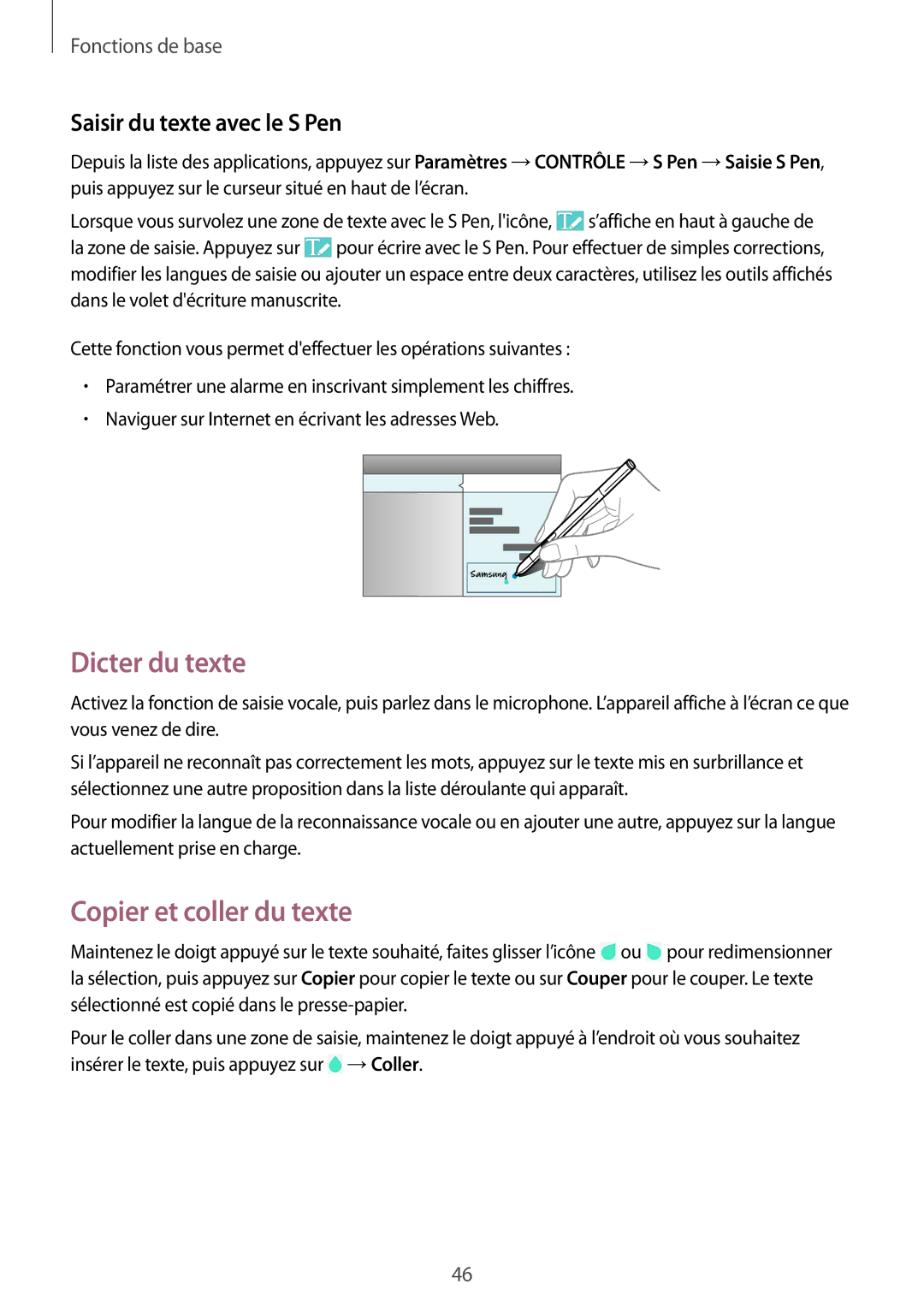 Samsung SM-P9000ZKAXEF, SM-P9000ZWAXEF manual Dicter du texte, Copier et coller du texte, Saisir du texte avec le S Pen 