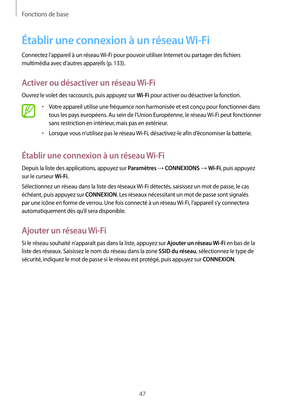 Samsung SM-P9000ZWAXEF, SM-P9000ZKAXEF manual Établir une connexion à un réseau Wi-Fi, Activer ou désactiver un réseau Wi-Fi 