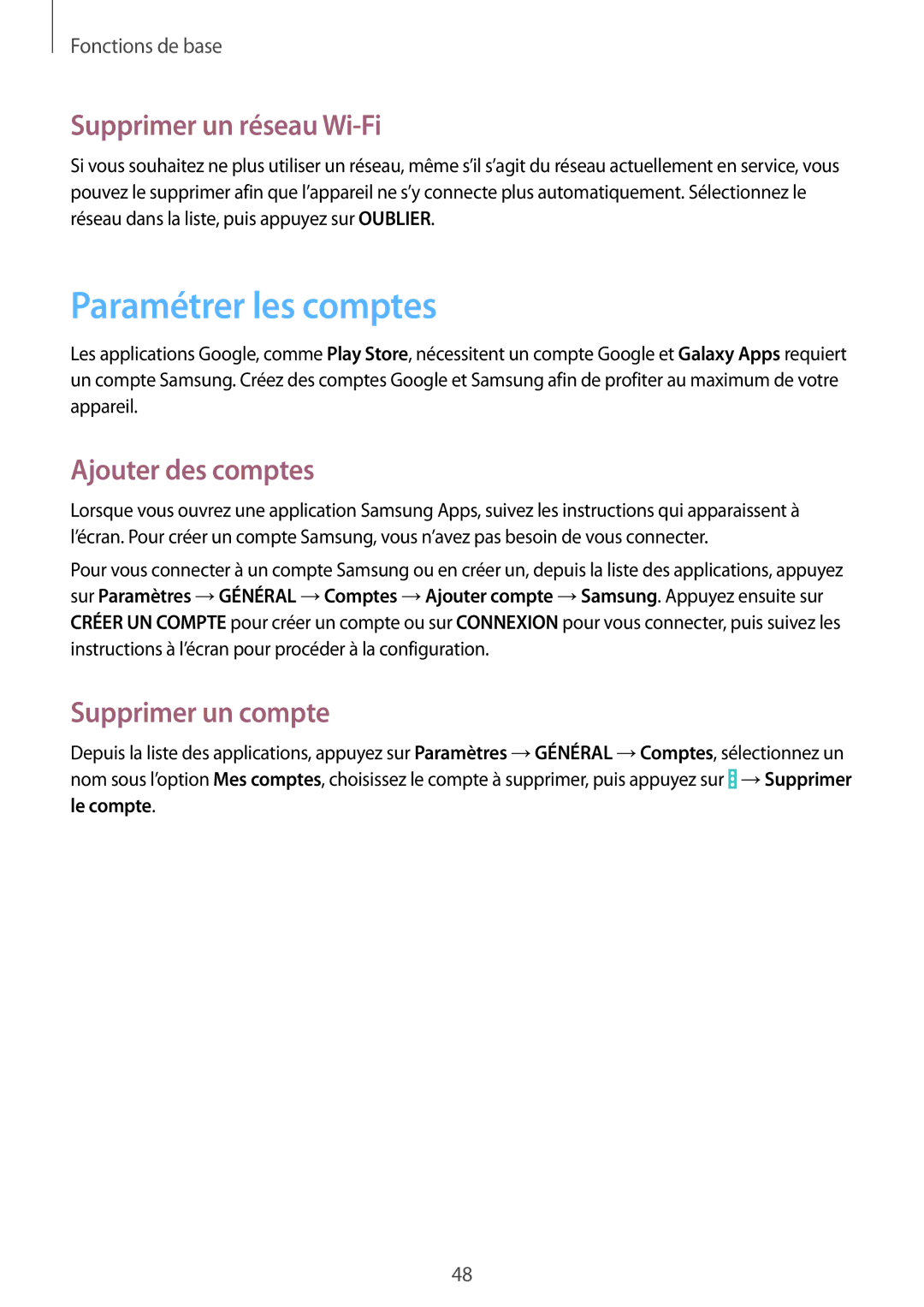 Samsung SM-P9000ZKAXEF manual Paramétrer les comptes, Supprimer un réseau Wi-Fi, Ajouter des comptes, Supprimer un compte 