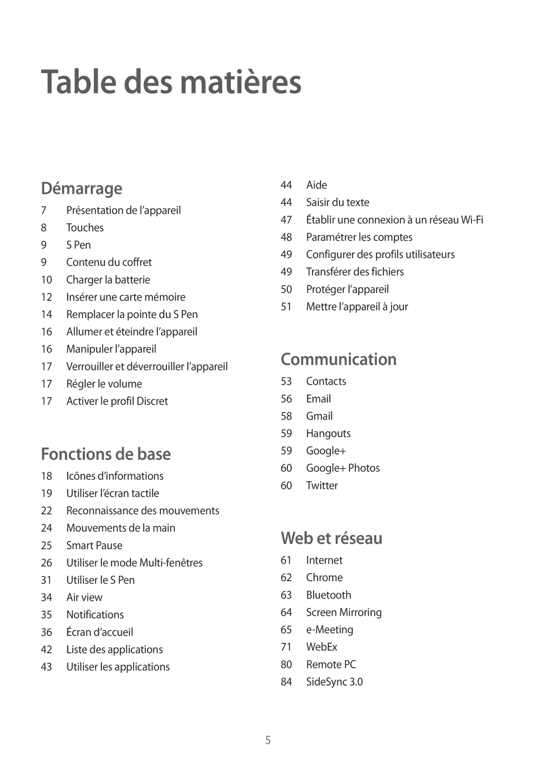 Samsung SM-P9000ZWAXEF, SM-P9000ZKAXEF manual Table des matières 