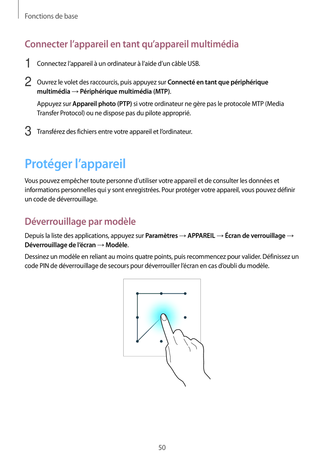 Samsung SM-P9000ZKAXEF Protéger l’appareil, Connecter l’appareil en tant qu’appareil multimédia, Déverrouillage par modèle 