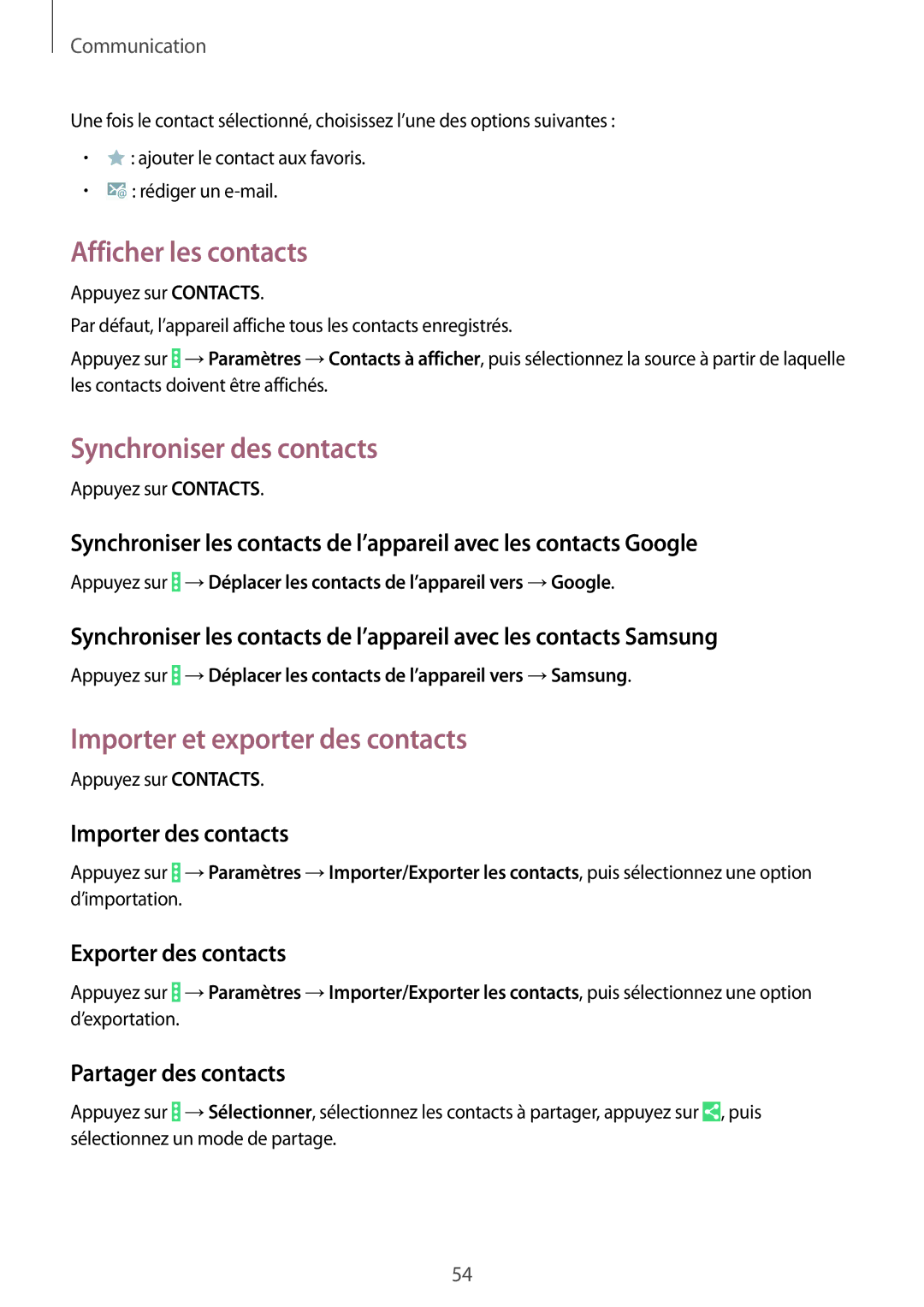 Samsung SM-P9000ZKAXEF, SM-P9000ZWAXEF Afficher les contacts, Synchroniser des contacts, Importer et exporter des contacts 