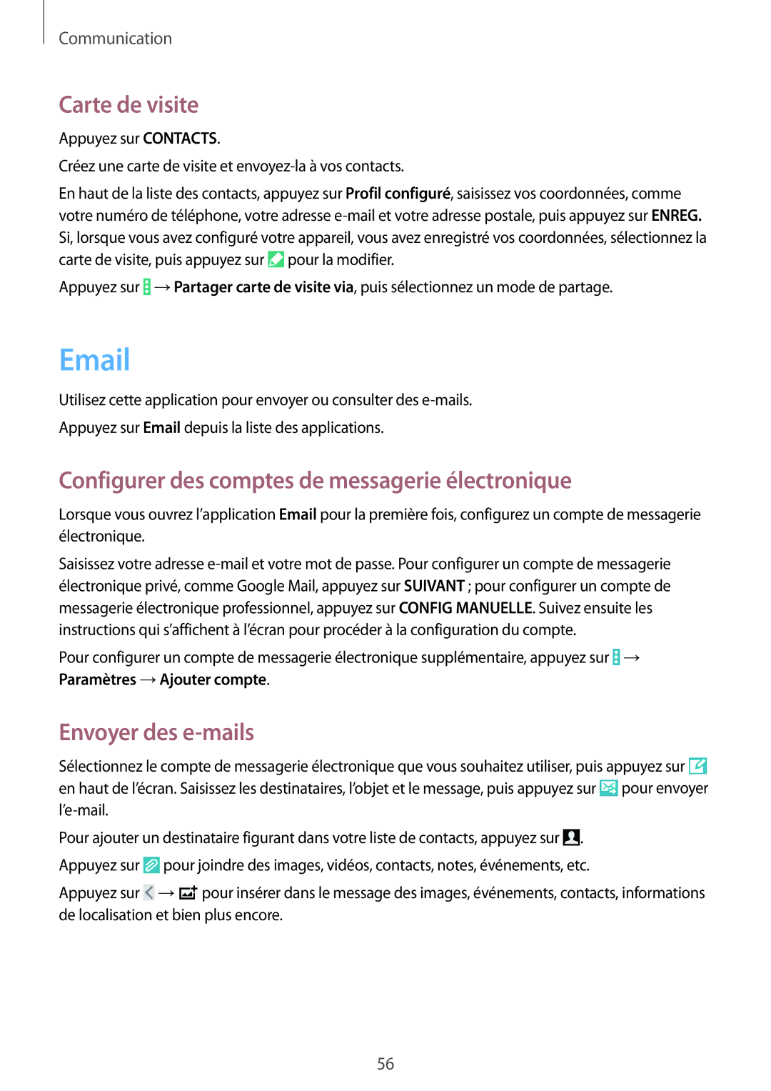 Samsung SM-P9000ZKAXEF manual Carte de visite, Configurer des comptes de messagerie électronique, Envoyer des e-mails 