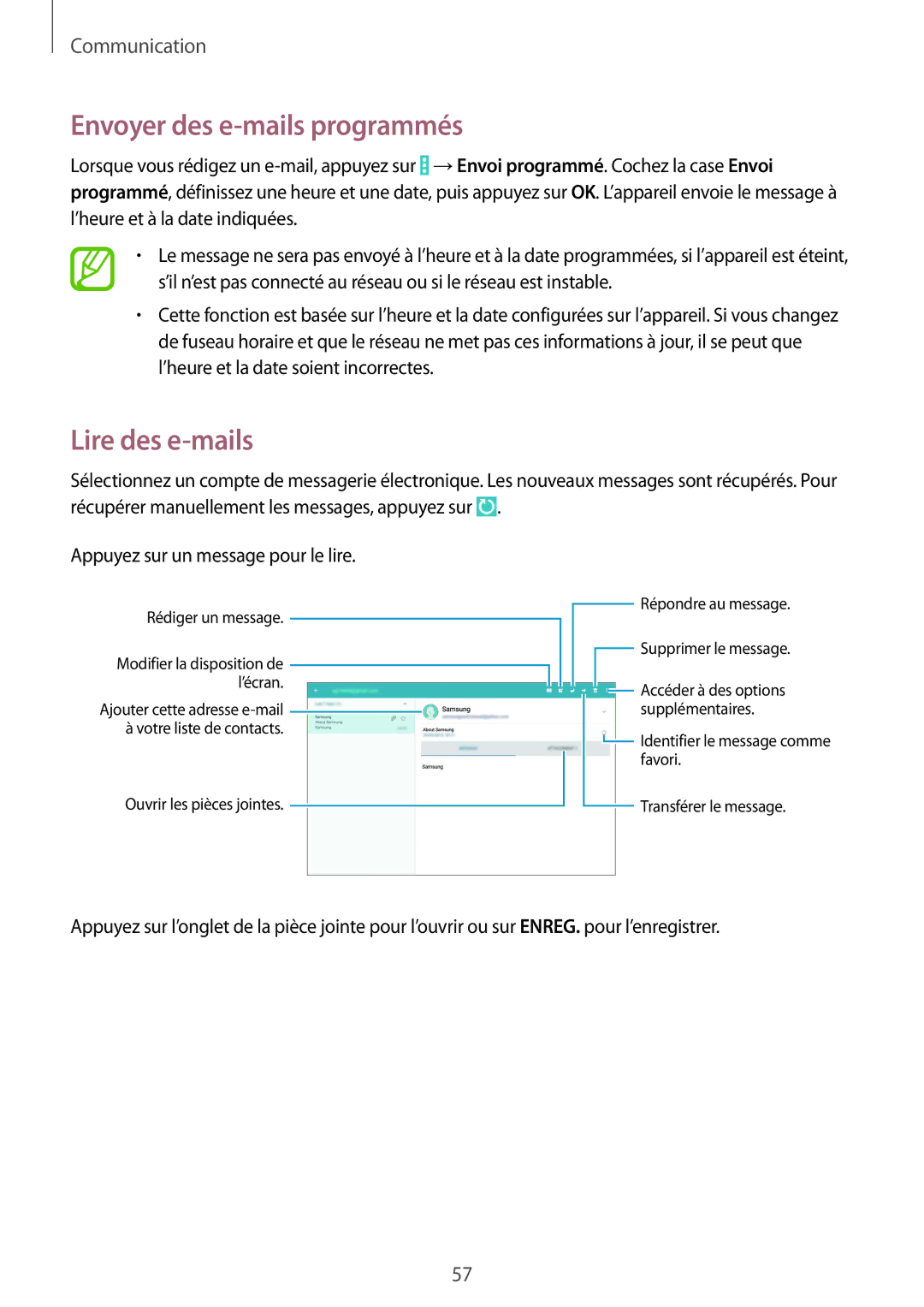 Samsung SM-P9000ZWAXEF, SM-P9000ZKAXEF manual Envoyer des e-mails programmés, Lire des e-mails 