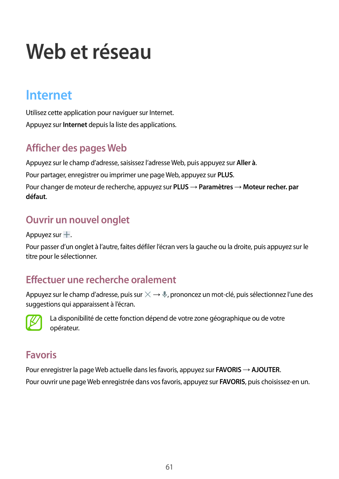 Samsung SM-P9000ZWAXEF manual Internet, Afficher des pages Web, Ouvrir un nouvel onglet, Effectuer une recherche oralement 