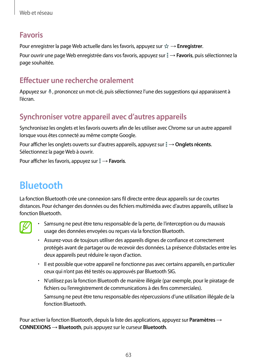Samsung SM-P9000ZWAXEF, SM-P9000ZKAXEF manual Bluetooth, Synchroniser votre appareil avec d’autres appareils 