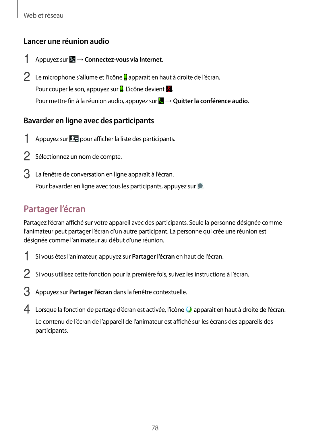 Samsung SM-P9000ZKAXEF, SM-P9000ZWAXEF Partager l’écran, Lancer une réunion audio, Bavarder en ligne avec des participants 