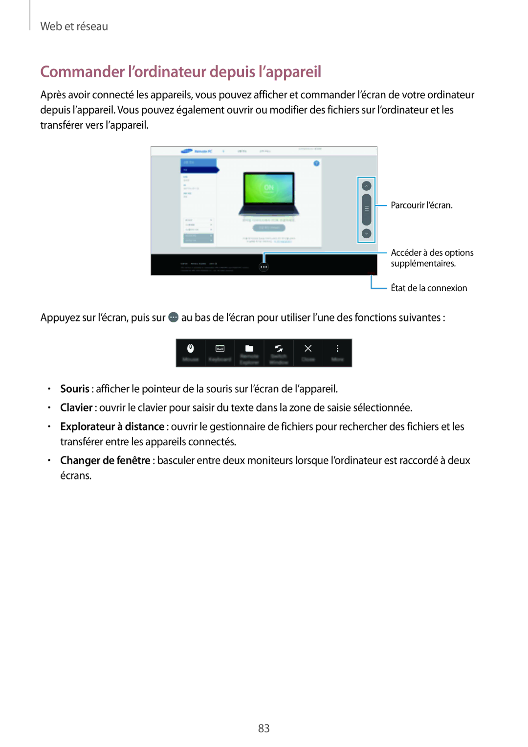 Samsung SM-P9000ZWAXEF, SM-P9000ZKAXEF manual Commander l’ordinateur depuis l’appareil 