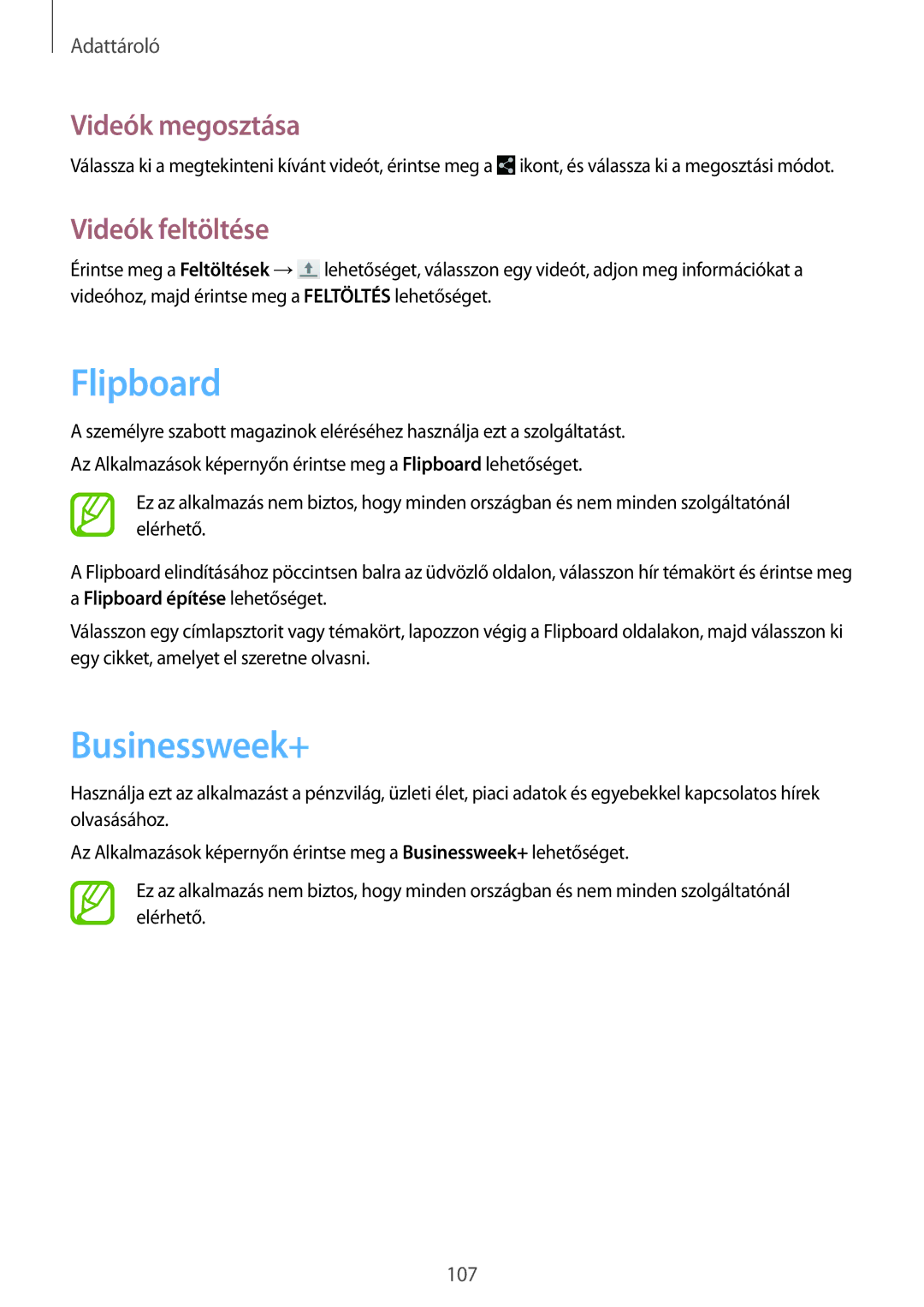 Samsung SM-P9000ZKAXEH manual Flipboard, Businessweek+, Videók feltöltése 
