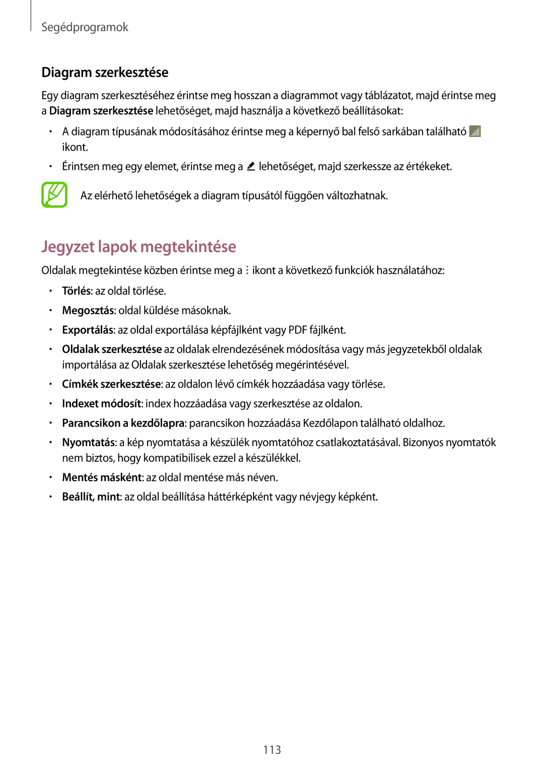 Samsung SM-P9000ZKAXEH manual Jegyzet lapok megtekintése, Diagram szerkesztése 