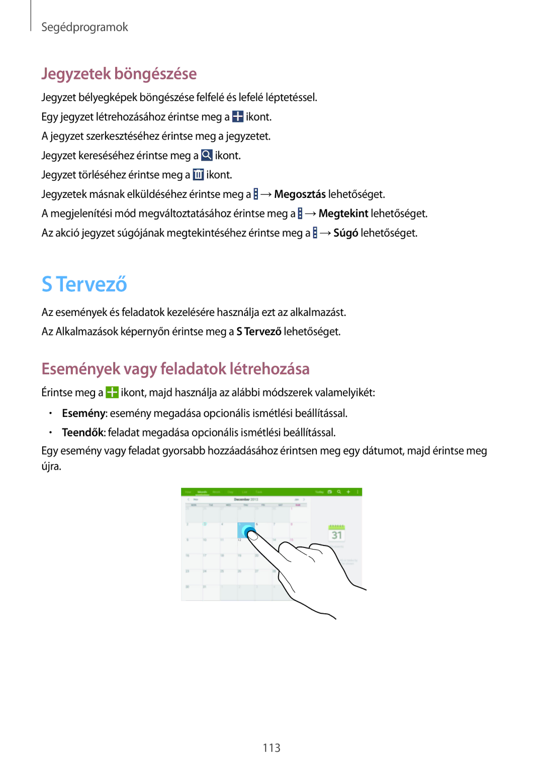 Samsung SM-P9000ZKAXEH manual Tervező, Jegyzetek böngészése, Események vagy feladatok létrehozása 