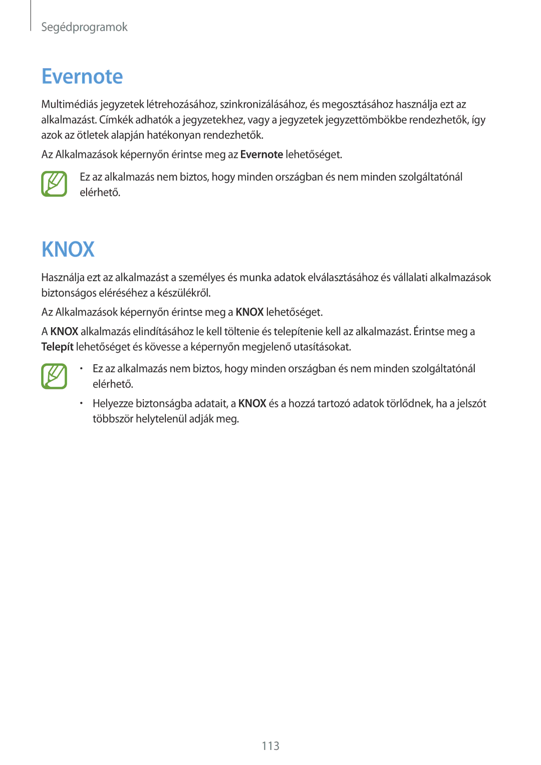 Samsung SM-P9000ZKAXEH manual Evernote, Knox 