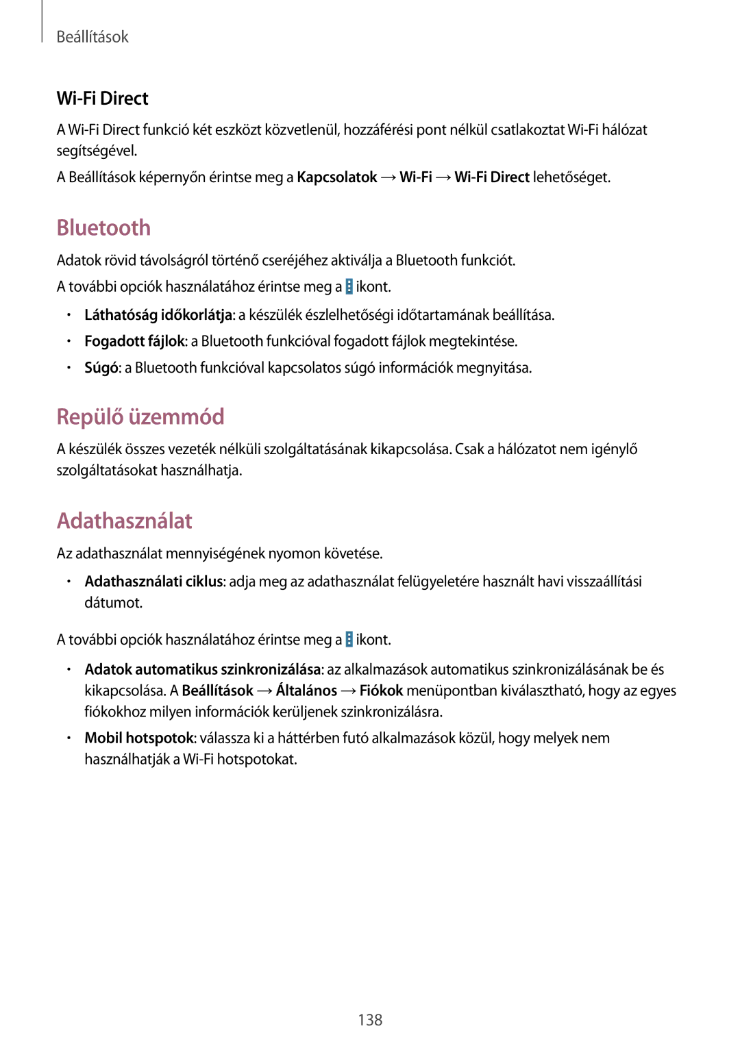 Samsung SM-P9000ZKAXEH manual Bluetooth, Repülő üzemmód, Adathasználat, Wi-Fi Direct 