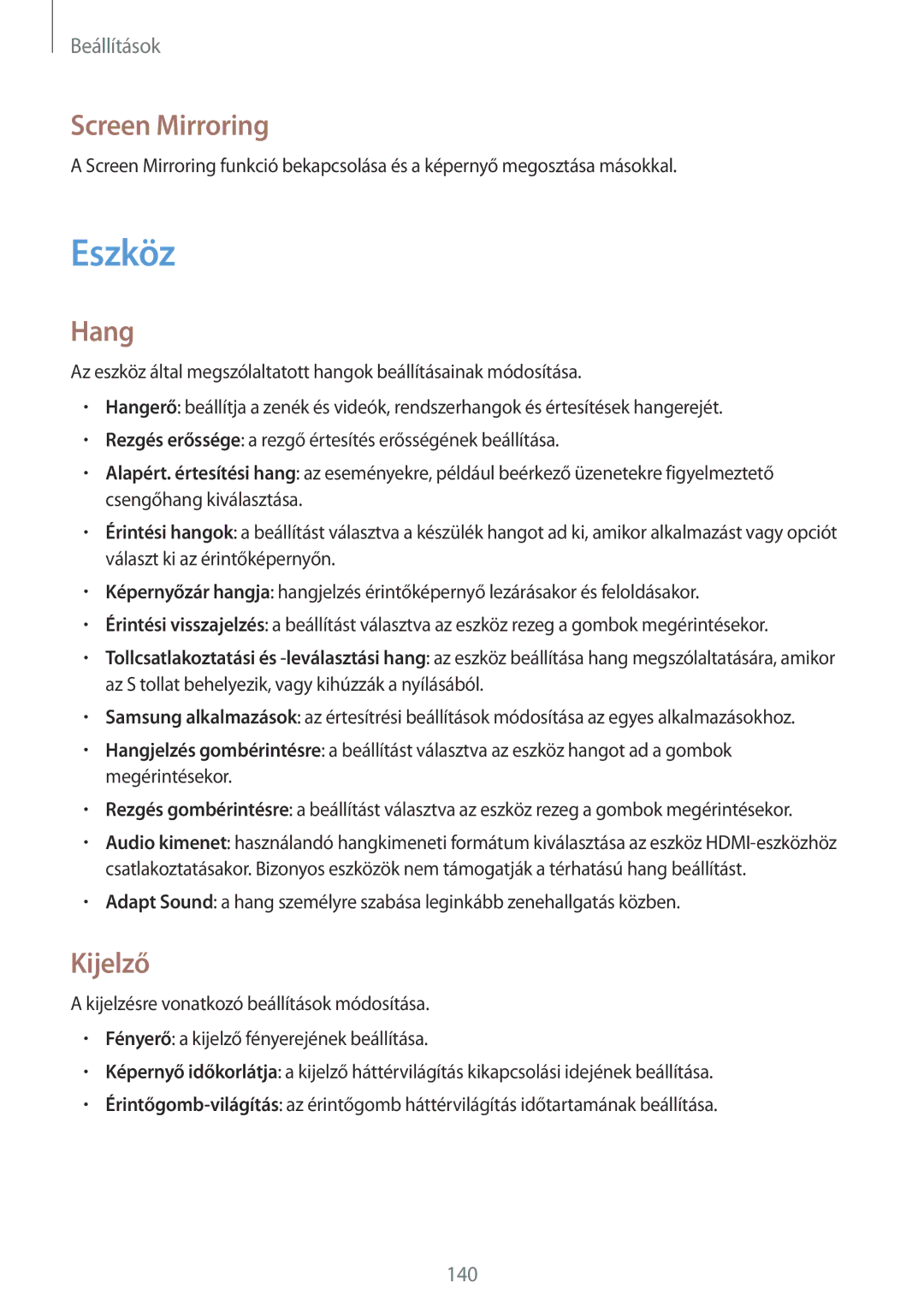 Samsung SM-P9000ZKAXEH manual Eszköz, Screen Mirroring, Hang, Kijelző 