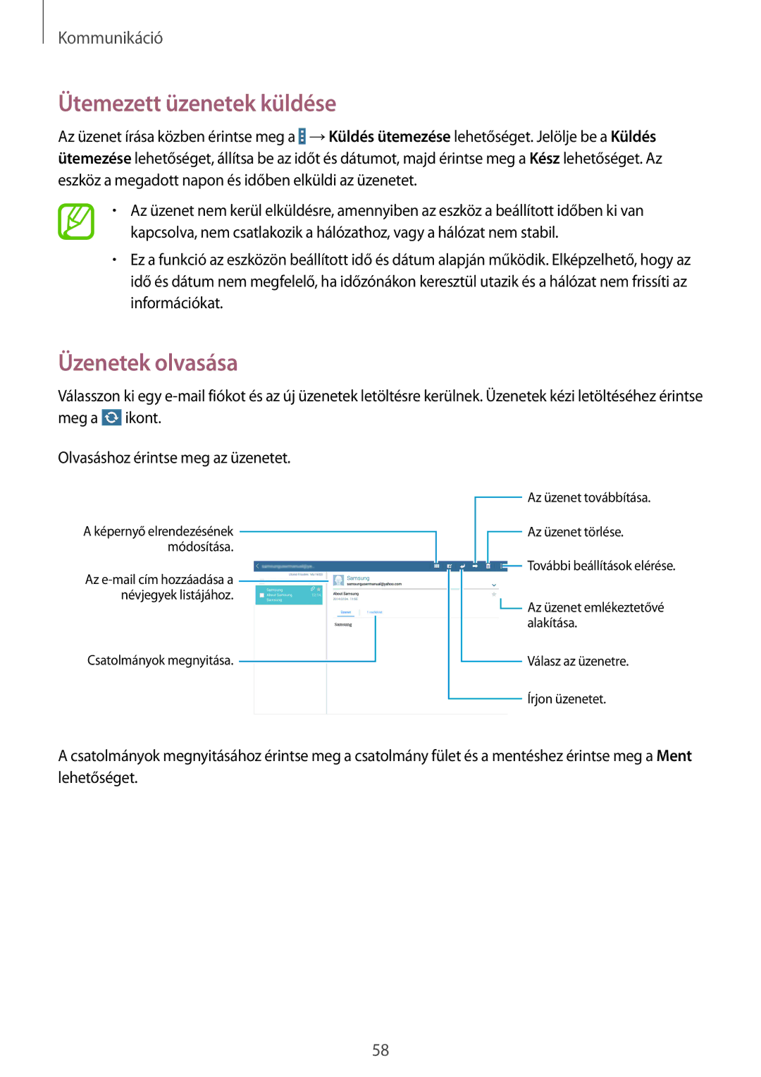 Samsung SM-P9000ZKAXEH manual Ütemezett üzenetek küldése, Üzenetek olvasása 