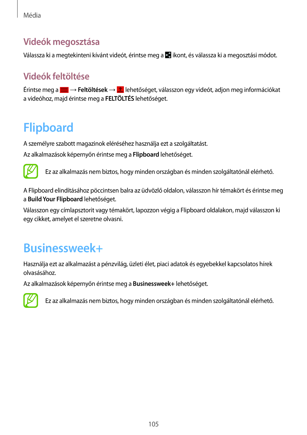 Samsung SM-P9000ZKAXEH manual Flipboard, Businessweek+, Videók feltöltése 