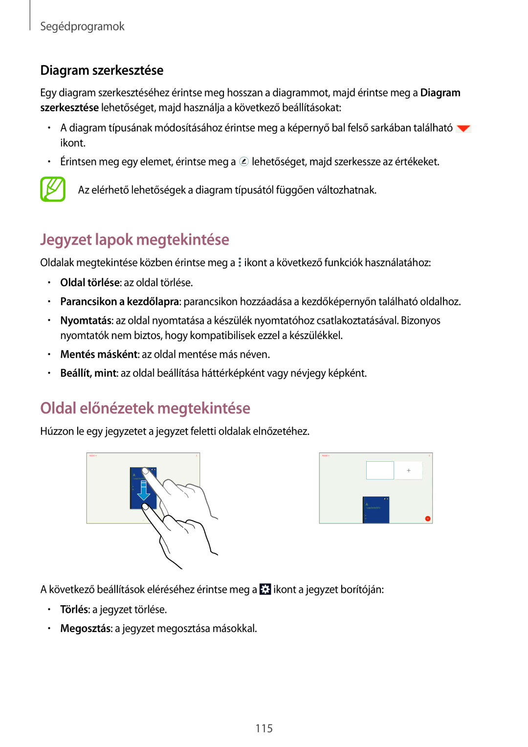 Samsung SM-P9000ZKAXEH manual Jegyzet lapok megtekintése, Oldal előnézetek megtekintése, Diagram szerkesztése 