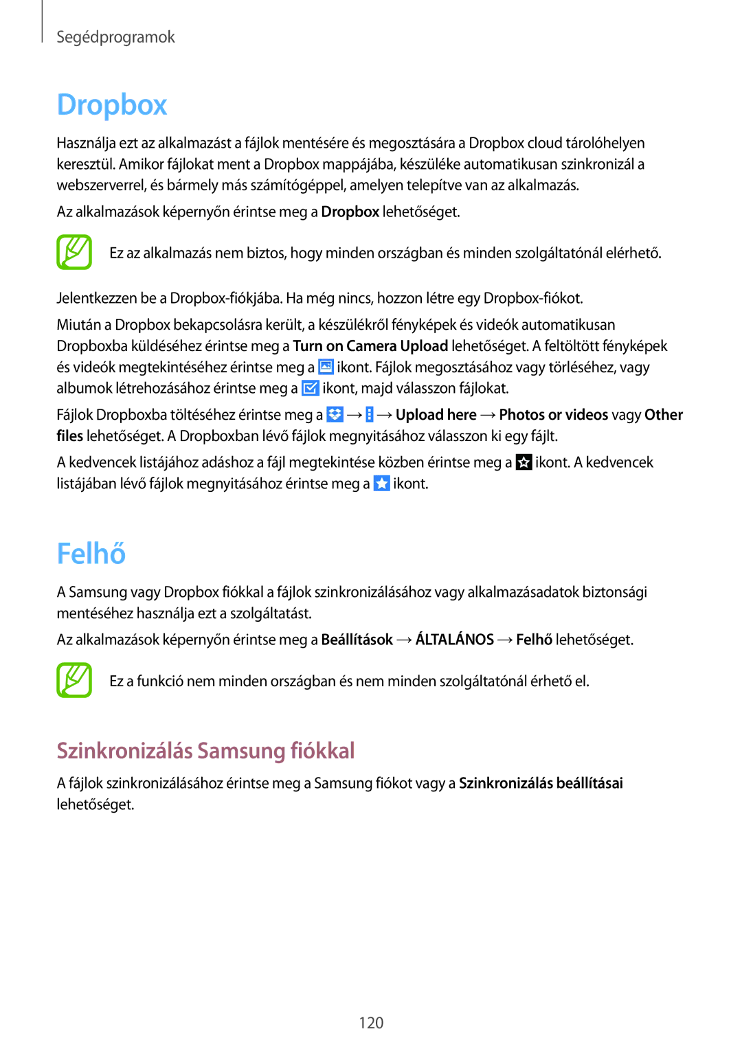 Samsung SM-P9000ZKAXEH manual Dropbox, Felhő, Szinkronizálás Samsung fiókkal 