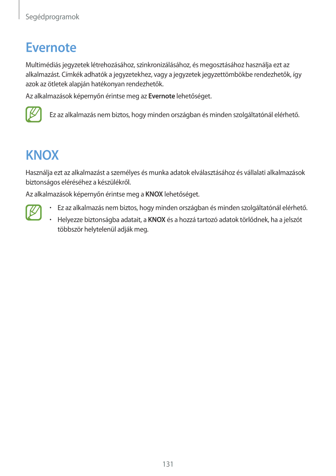 Samsung SM-P9000ZKAXEH manual Evernote, Knox 