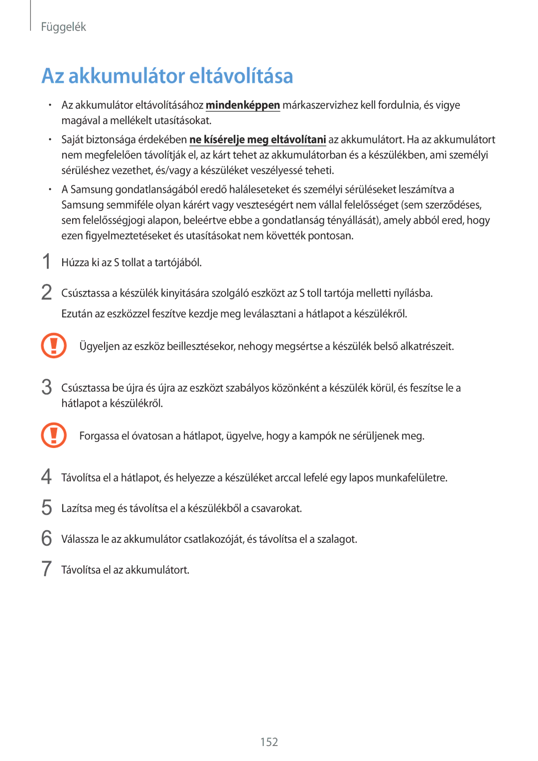 Samsung SM-P9000ZKAXEH manual Az akkumulátor eltávolítása, 152 