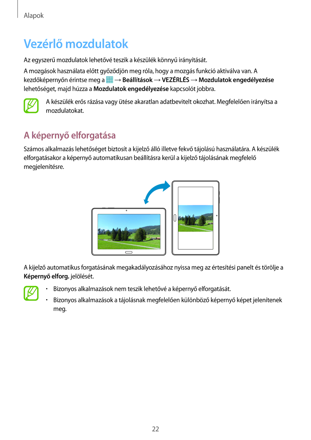 Samsung SM-P9000ZKAXEH manual Vezérlő mozdulatok, Képernyő elforgatása 