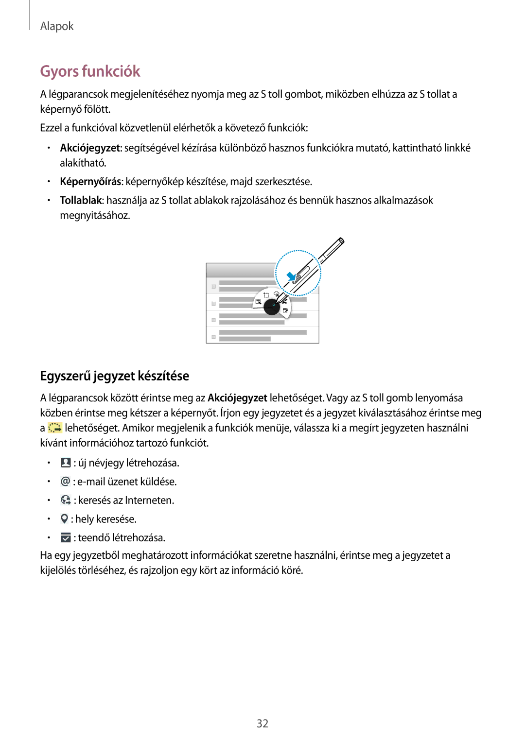 Samsung SM-P9000ZKAXEH manual Gyors funkciók, Egyszerű jegyzet készítése 