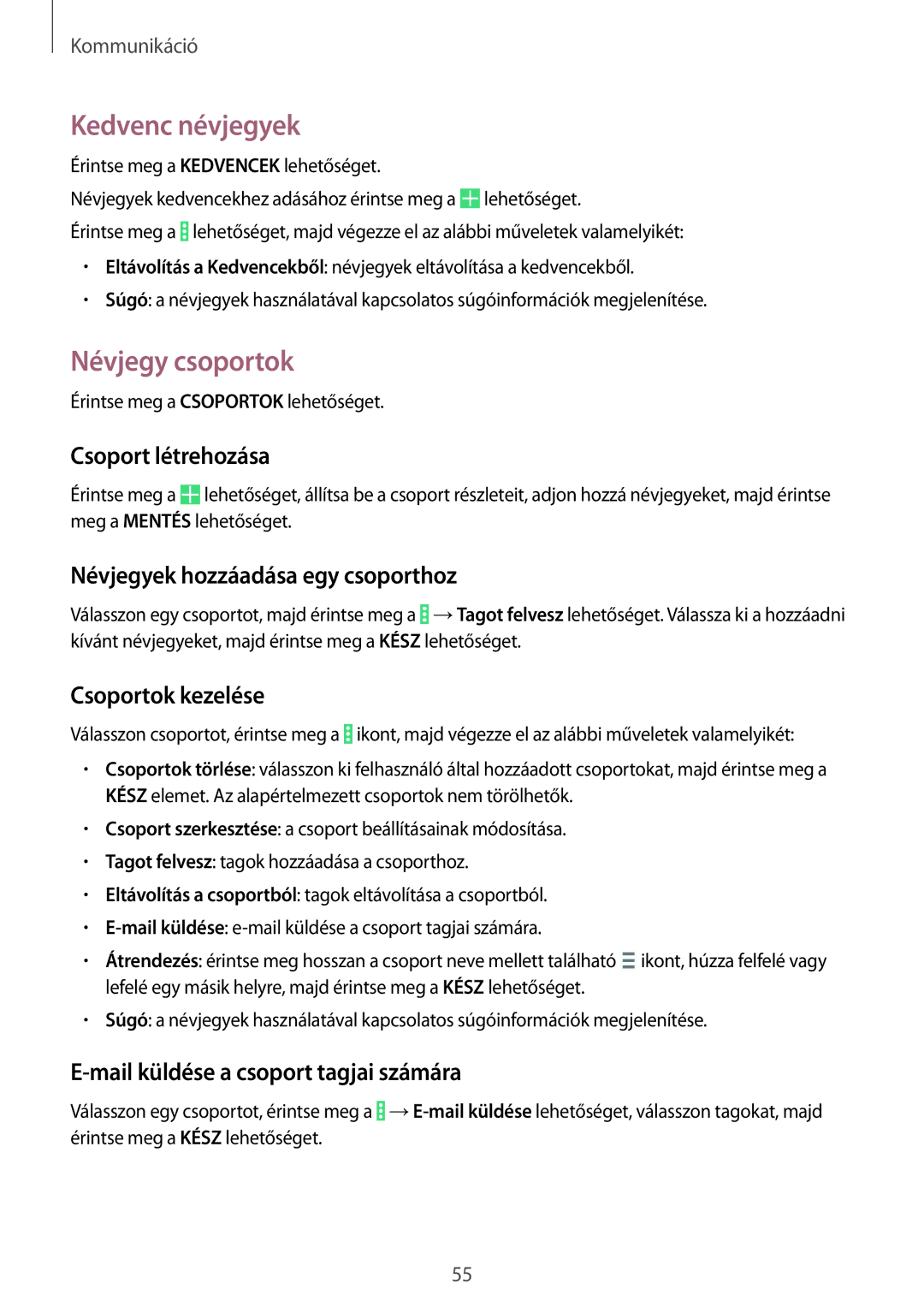 Samsung SM-P9000ZKAXEH manual Kedvenc névjegyek, Névjegy csoportok 