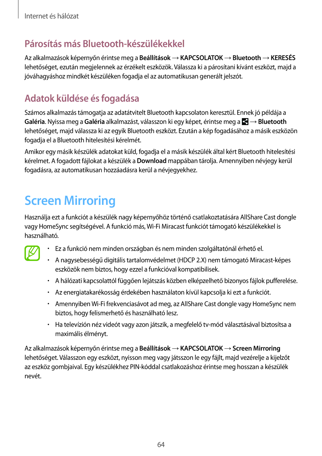 Samsung SM-P9000ZKAXEH manual Screen Mirroring, Párosítás más Bluetooth-készülékekkel, Adatok küldése és fogadása 