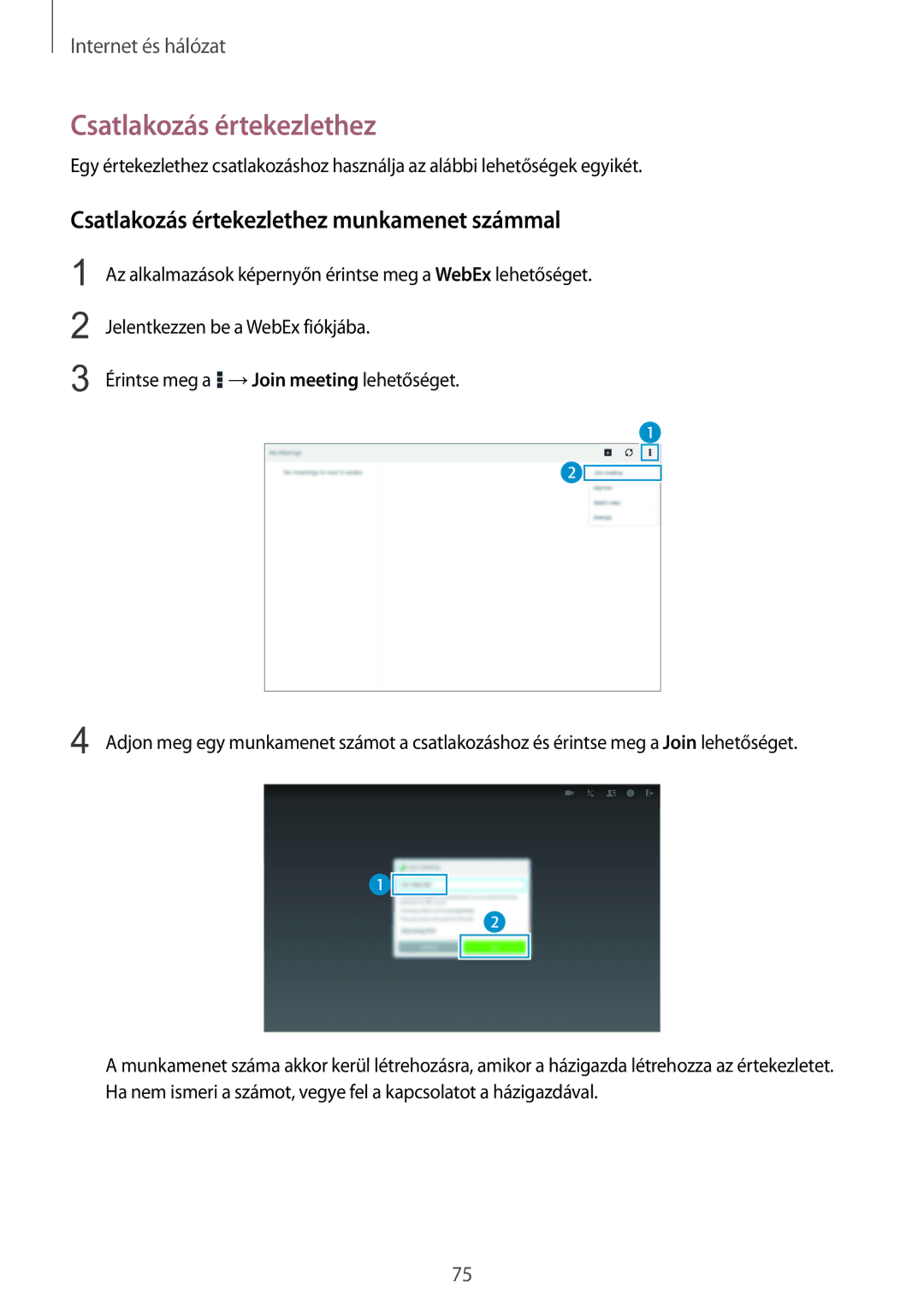 Samsung SM-P9000ZKAXEH manual Csatlakozás értekezlethez munkamenet számmal 