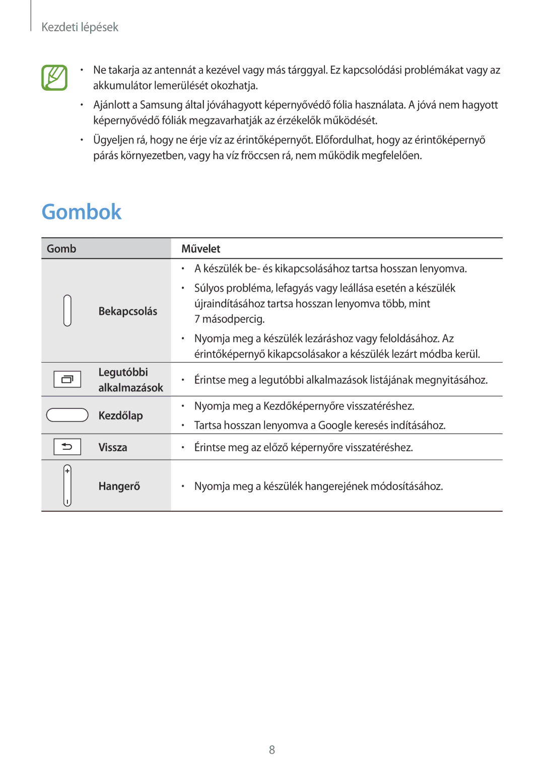 Samsung SM-P9000ZKAXEH manual Gombok, Kezdeti lépések 