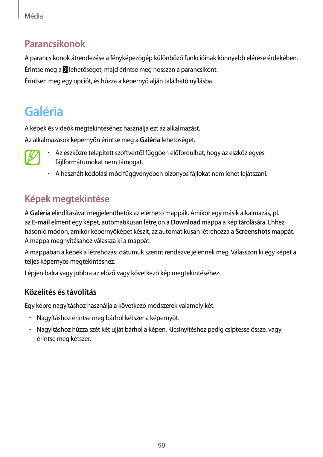 Samsung SM-P9000ZKAXEH manual Galéria, Parancsikonok, Képek megtekintése, Közelítés és távolítás 