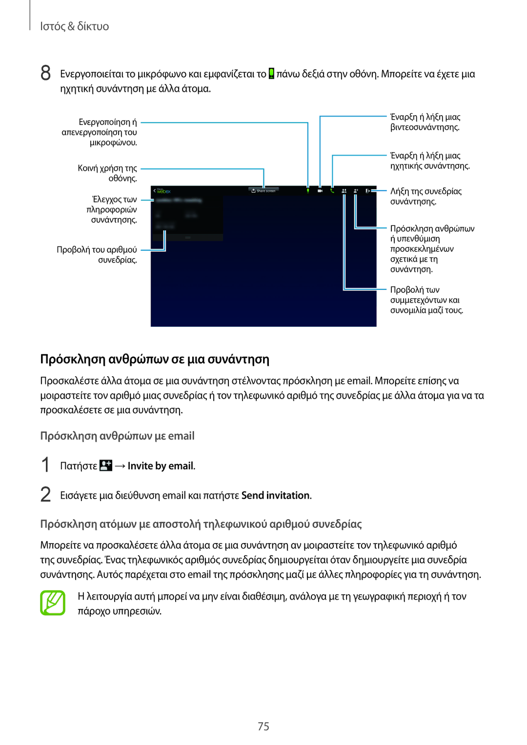 Samsung SM-P9000ZKAEUR, SM-P9000ZKYEUR, SM-P9000ZWYEUR manual Πρόσκληση ανθρώπων σε μια συνάντηση, Πατήστε →Invite by email 