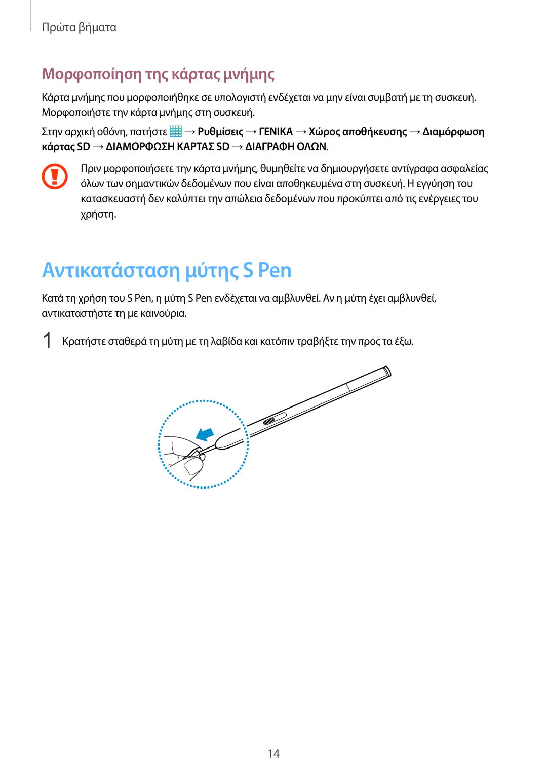 Samsung SM-P9000ZWAEUR, SM-P9000ZKYEUR, SM-P9000ZWYEUR manual Αντικατάσταση μύτης S Pen, Μορφοποίηση της κάρτας μνήμης 