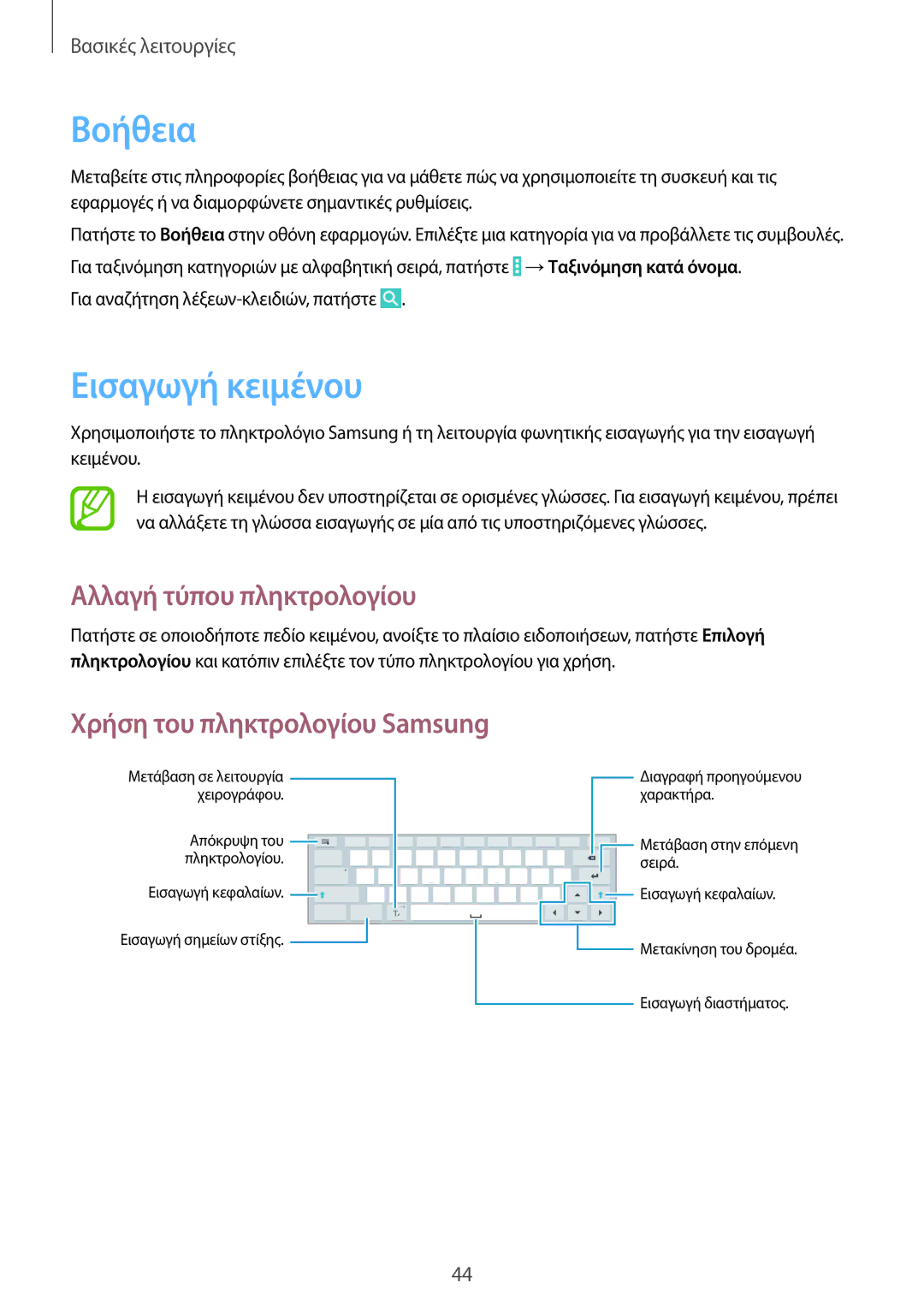 Samsung SM-P9000ZKYEUR, SM-P9000ZWYEUR, SM-P9000ZWAEUR manual Βοήθεια, Εισαγωγή κειμένου, Αλλαγή τύπου πληκτρολογίου 