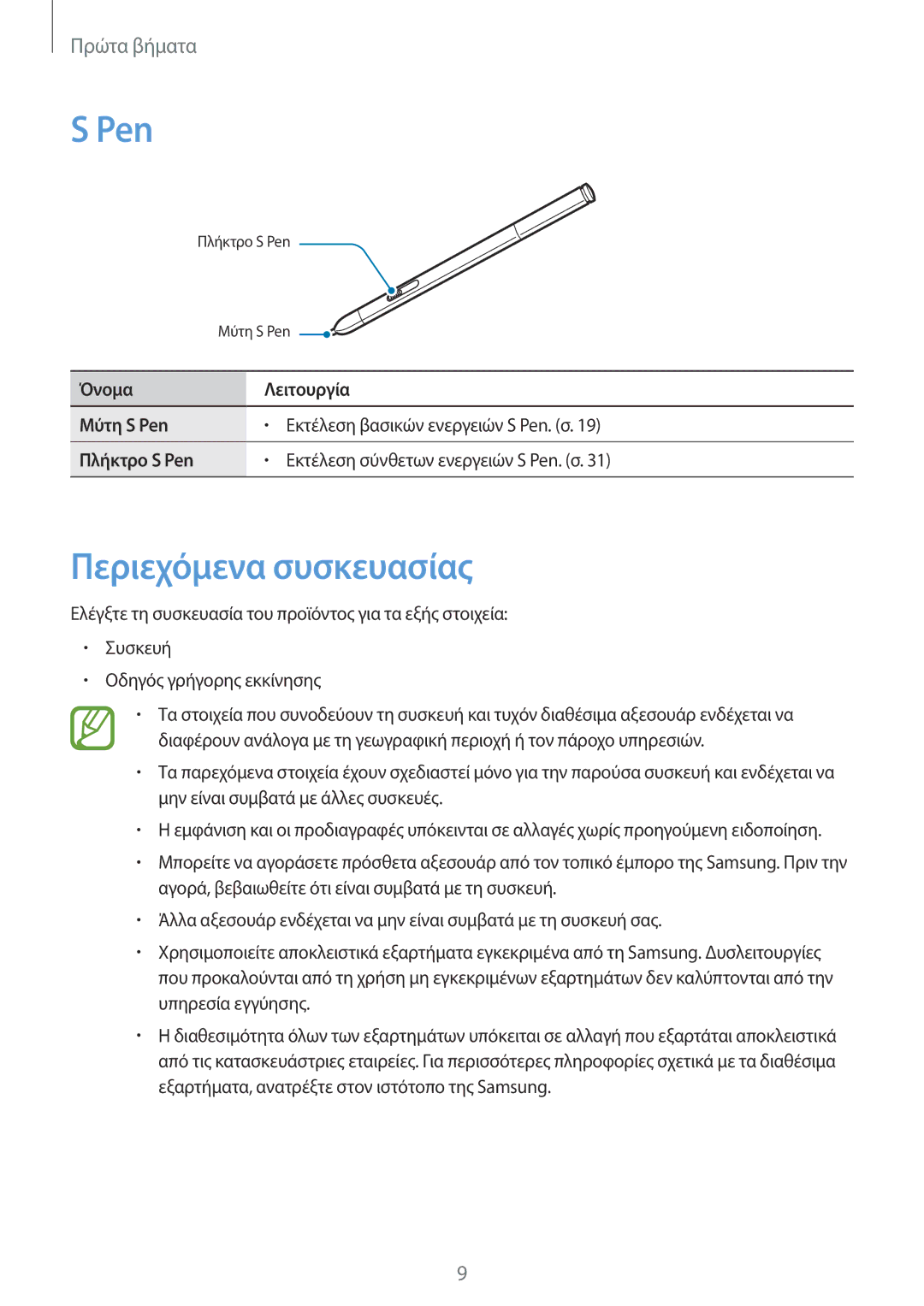 Samsung SM-P9000ZWYEUR, SM-P9000ZKYEUR, SM-P9000ZWAEUR, SM-P9000ZKAEUR manual Pen, Περιεχόμενα συσκευασίας 