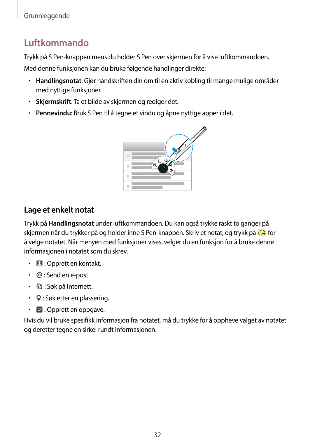 Samsung SM-P9000ZKYNEE, SM-P9000ZWYNEE, SM-P9000ZKANEE, SM-P9000ZWANEE manual Luftkommando, Lage et enkelt notat 