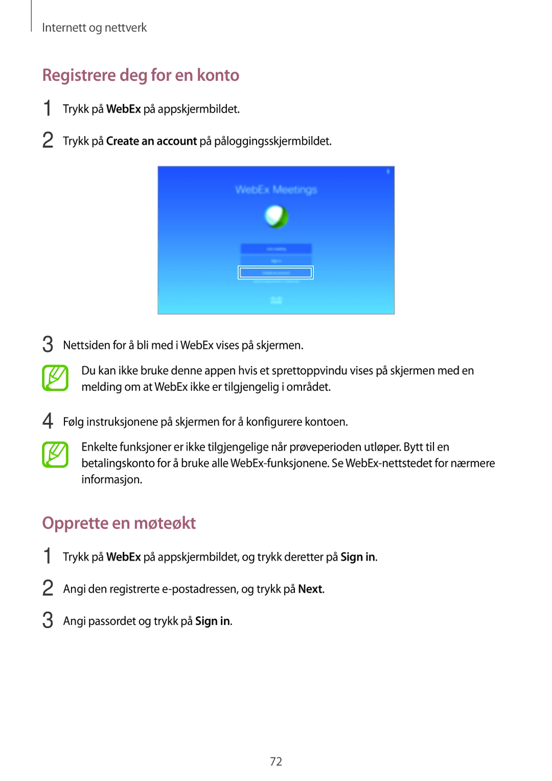 Samsung SM-P9000ZKYNEE, SM-P9000ZWYNEE, SM-P9000ZKANEE, SM-P9000ZWANEE manual Registrere deg for en konto, Opprette en møteøkt 