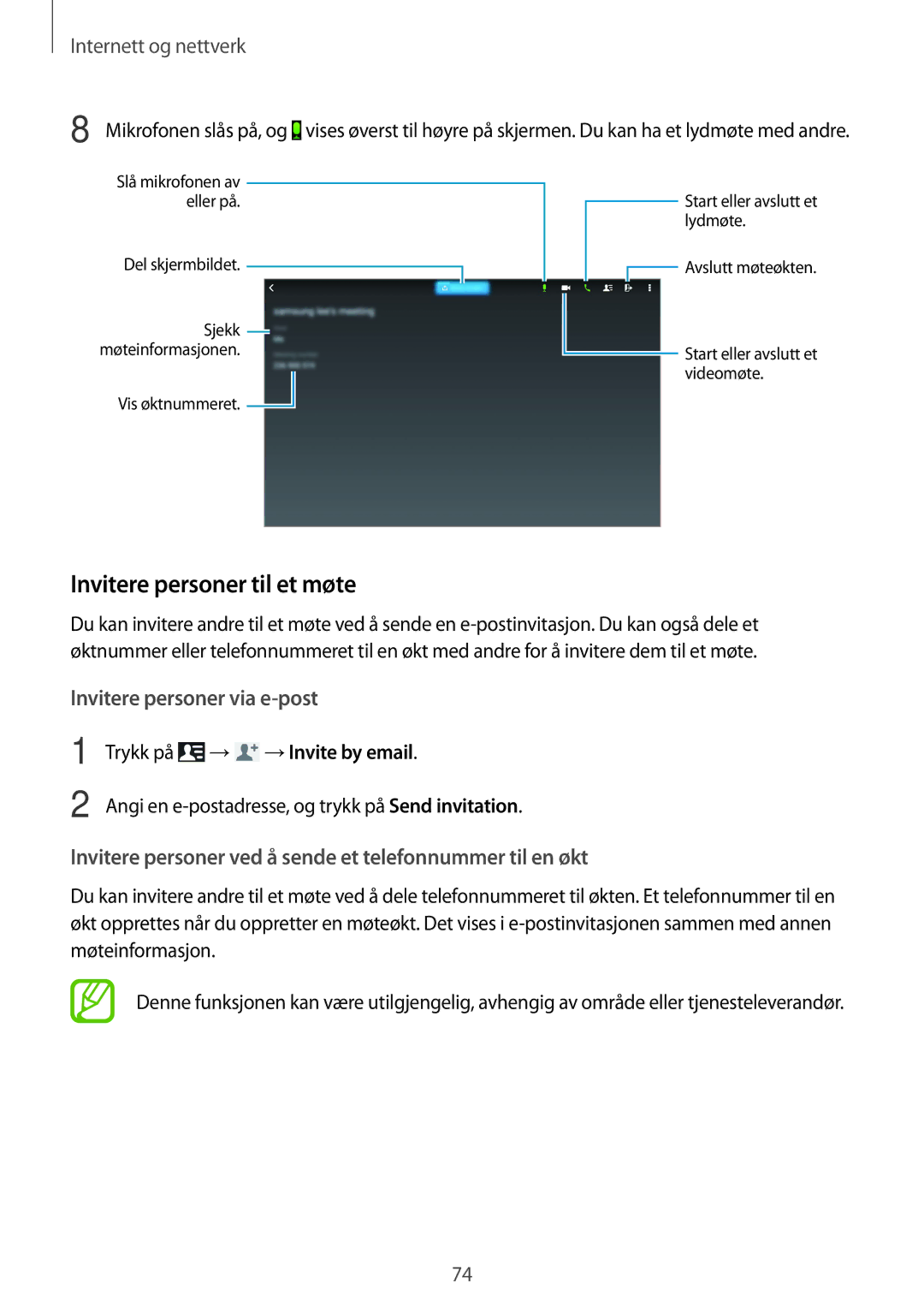 Samsung SM-P9000ZKANEE, SM-P9000ZKYNEE, SM-P9000ZWYNEE manual Invitere personer til et møte, Trykk på → →Invite by email 