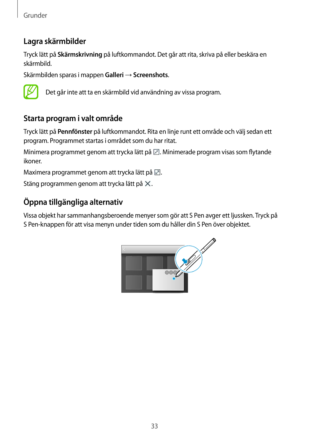 Samsung SM-P9000ZWYNEE, SM-P9000ZKYNEE manual Lagra skärmbilder, Starta program i valt område, Öppna tillgängliga alternativ 