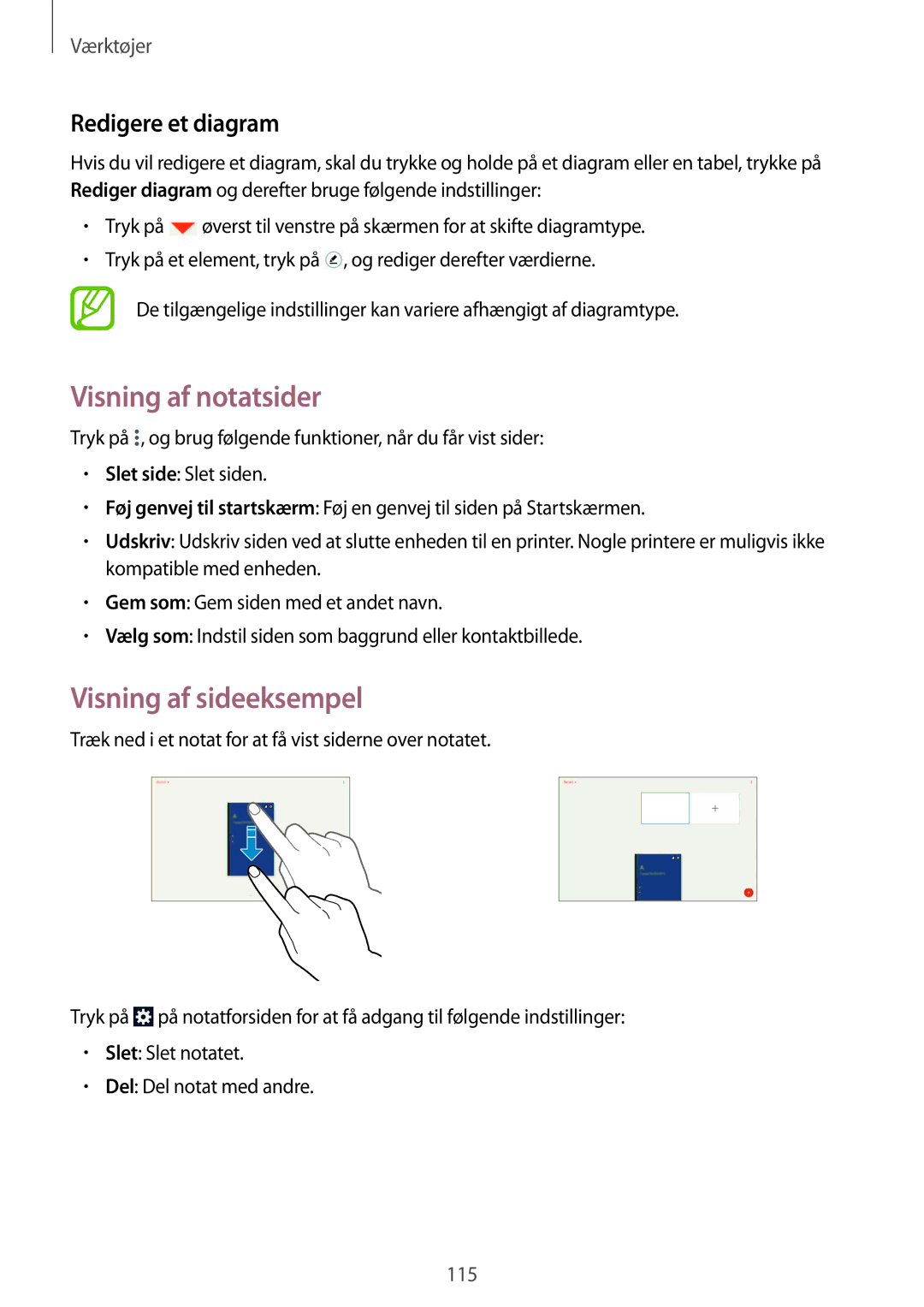 Samsung SM-P9000ZWANEE, SM-P9000ZKYNEE, SM-P9000ZWYNEE Visning af notatsider, Visning af sideeksempel, Redigere et diagram 